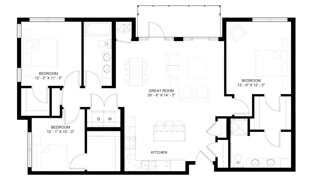 Floor plan for 3 beds, 2 baths, 1435 sqft